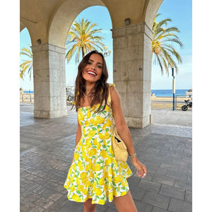 Abito da donna con stampa all'ingrosso di lino e limone con stampa di frutta dolce abito Casual da donna senza schienale Mini abito - Product Image 4