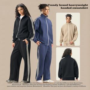 340G özel OEM Logo erkek nefes ağır iki parçalı Sweatpants ve Hoodie seti rahat spor siyah geniş bacak pantolon - Product Image 3