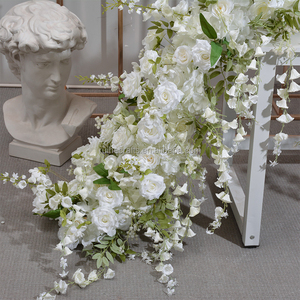 Camino de mesa de flores verdes y rosas colgantes blancas de seda de 200cm de largo para mesa de boda - Product Image 5