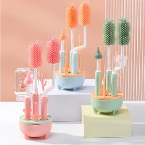 Multipurpose Bottle Brush Set With Drying Rack 360 Rotate Milk Bottle Teat Nipple Brush Set Bottle Cleaning Brush Set For Baby