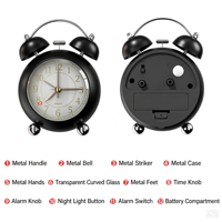 Jam Alarm Meja Bundar Warna-warni dengan Dua Bel, Baterai, Tanpa Suara Tik-tok, Mudah Diatur, untuk Pelajar dan Anak-anak