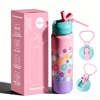 Gourde isotherme à double paroi en acier inoxydable pour enfants, avec ouverture à clapet facile, sans BPA, portable, avec poignée de transport