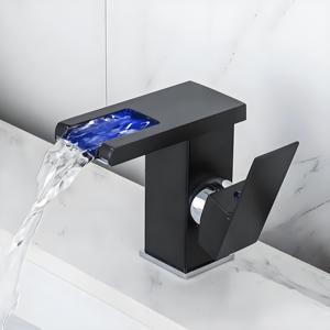 Contemporary Stainless Steel Black Cold Hot Mixer Crane <strong>Sink</strong> Tap Square Bathroom <strong>Faucet</strong> Modern LED Waterfall Basin Tap