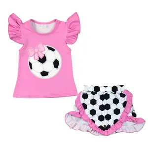 Pembe futbol yay ile çocuk butik toptan giyim kısa kollu şort