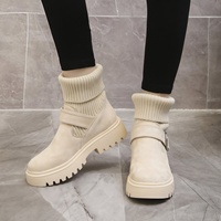 Bottines en daim tricotées pour femme, double usage, nouvelle collection automne 2023, style britannique, avec boucle de ceinture, talon moyen, chaudes et confortables