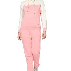 Women Color Blocking Hooded Tracksuit Full Sleeve Casual Elastic Waist <b>Pink</b> Cotton <b>Sweatshirt</b> And Pants Set - Product Image 1