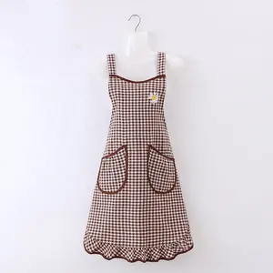 Japanese Style Gingham Custom Sleeveless Chef Cooking Aprons Canvas Cotton Durable Sublimation Waitress Ruffle Apron