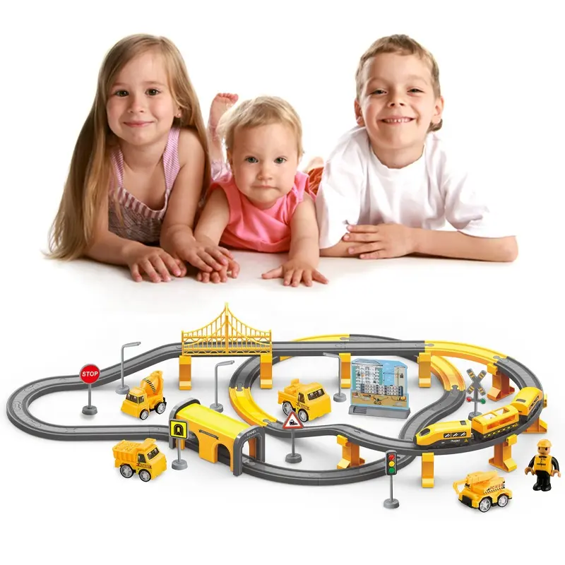 92PCS DIY B/O Ingeniería eléctrica Rail Track Toys Set Tren de juguete con sonido