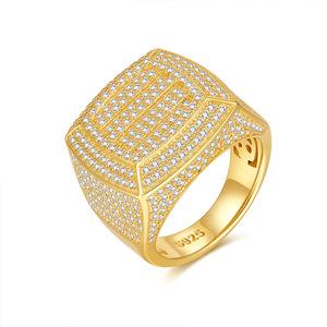 Men's 22K <b>Gold</b> Plated Moissanite <b>Cocktail</b> <b>Ring</b> Round Brilliant Cut Geometric Design Pave Setting Hiphop Style - Product Image 1