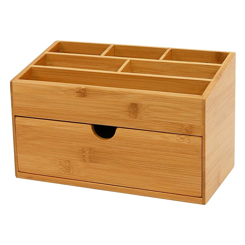 Boîte de rangement de bureau en bambou naturel, avec support pour téléphone, pour école, bureau, organisateur, avec tiroir