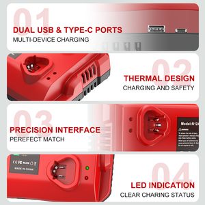Chargeur de batterie rapide 4 ports 2A pour batterie lithium Milwaukee M12 12V, station de charge avec ports USB et Type-C pour outils électriques - Product Image 5