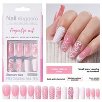 Vente en gros de faux ongles en acrylique de luxe, forme cercueil, peints à la main, réutilisables, motif ciel étoilé style français, avec logo personnalisé, 30 pièces