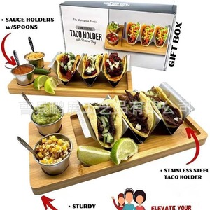 Soporte para tacos, bandeja de madera con tazas para salsa y cucharas para fiestas, uso informal, reutilizable - Product Image 1