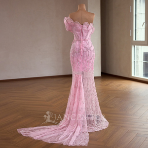 Robe de bal rose RSM261025, col cœur, appliques, en mousseline, longueur cheville, soutien-gorge intégré, fermeture éclair au dos, coupe naturelle - Product Image 4