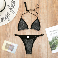 Set Baju Renang Bikini 2 Potong Seksi, Warna Solid, Potongan Tinggi, Push Up, dengan Hiasan Berlian Imitasi untuk Wanita