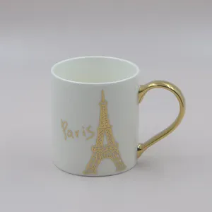 Gelas Drinkware Cangkir Emas, Stiker Menara Eiffel Gaya Eropa, Suvenir Perjalanan 12Oz Cangkir Kopi Keramik dengan Pegangan Elektroplating