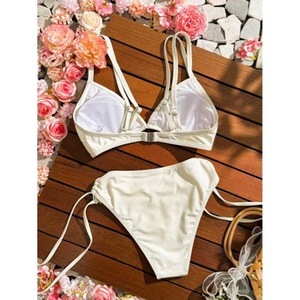 Traje de baño bikini sexy con cuello halter, estilo patchwork a cuadros con estampado floral, informal, para vacaciones de verano en la playa, estilo europeo y americano. - Product Image 4