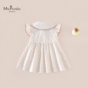 Vestido de Algodón para Bebés y Niñas Pequeñas con Cuello <span class=keywords><strong>Peter</strong></span> <span class=keywords><strong>Pan</strong></span> y Botones Rojos, Estampado Micro Personalizado con Logotipo, para Fiestas Navideñas, de 6 Meses a 5 Años, Venta al Por Mayor - Product Image 3