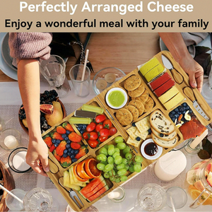 Papan Sajian Keju Bambu, Nampan Sajian Kayu dengan 4 Pisau dan 2 Wadah Saus, Piring Sajian Charcuterie yang Dapat Dibuka dengan 7 Sekat - Product Image 6