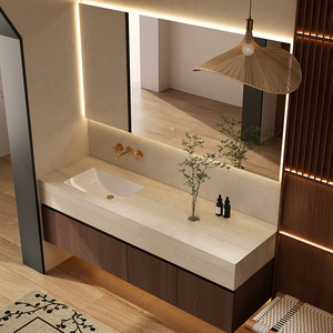 Meuble de salle de bain suspendu personnalisé en travertin avec vasque intégrée rectangulaire sans joint, <span class=keywords><strong>lavabo</strong></span> et toilettes - Product Image 3