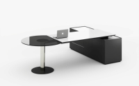 Bureau de direction en forme de L avec table de réunion ronde en verre réglable et armoire latérale