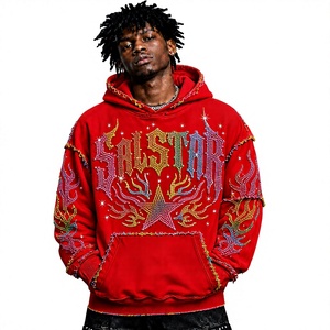 Men's Rhinestone Graphic Pullover Hoodie Custom Streetwear <b>Red</b> Oversized Hip Hop Sweatshirt with Embroidery & <b>Sequin</b> Design - Product Image 1