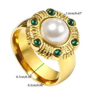 Anello Vintage in Acciaio Inossidabile 316 Placcato Oro 18K PVD con Perla e Zirconia Cubica Verde 5A, Gioiello Unico da Donna - Product Image 4
