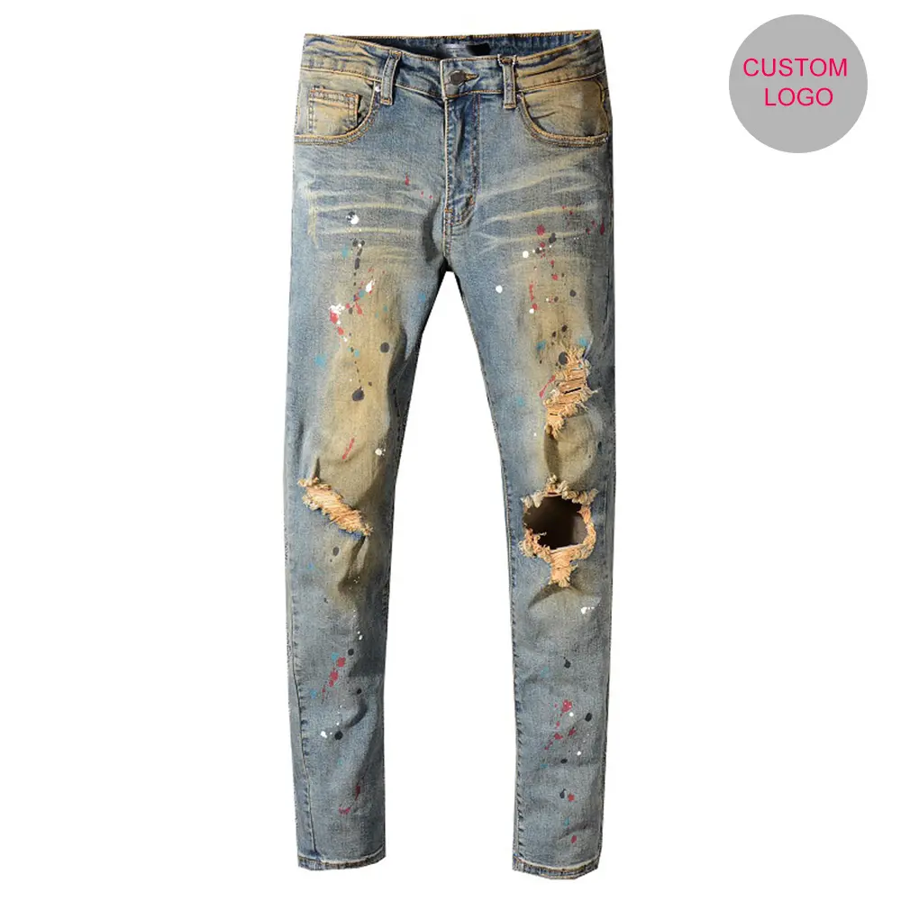 Oem High Quality Skinny Fit paint distress jean brand Denim Jeans Custom Men Slim Ripped Jean Pants
