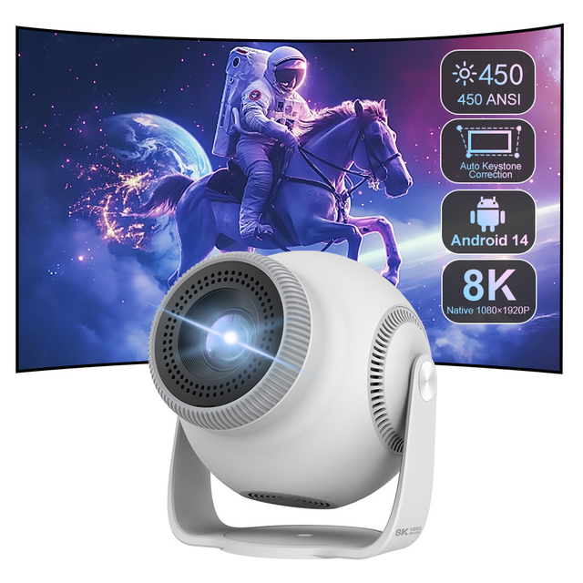 LED Portable Mini 4K Home Theater Projector with Android 14 HIFI Stereo Short Throw Auto Focus