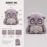 Peluche hibou violet shaggy personnalisée aux yeux fatigués, animal en peluche original et doux pour la décoration de bureau et le soutien émotionnel
