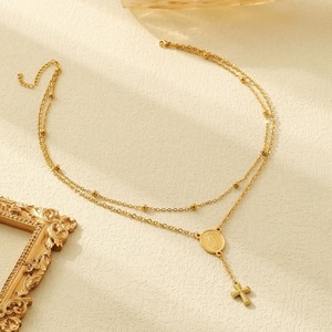 Collar Sagrado <span class=keywords><strong>Lumina</strong></span>: Doble Capa 18K Verdigris Madonna Cruz y Rosario Cuentas en Cadena de Acero Quirúrgico Joyería Apilable Católica - Product Image 3