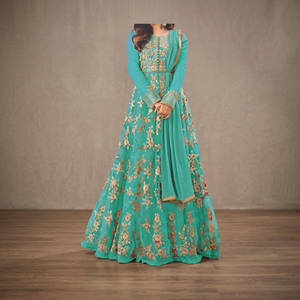 Robe longue élégante en satin brodé bleu sarcelle avec imprimé floral, manches longues, col rond, taille naturelle - Product Image 3