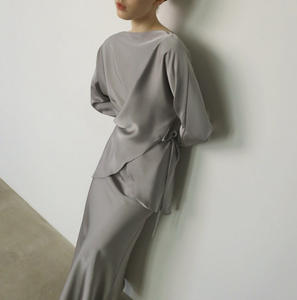 Conjunto de Falda y Top de Mujer R-566, Nuevo Diseño de Moda, Elegante, Satinado, Ajustado, Irregular, de Manga Larga con Cordones - Product Image 1