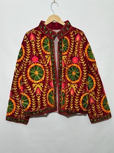Women's Red Velvet Embroidered Blazer <b>Mandarin</b> <b>Collar</b> Floral Hand Embroidery Full Sleeve Autumn Style <b>Jacket</b> in wholesale price - Product Image 4