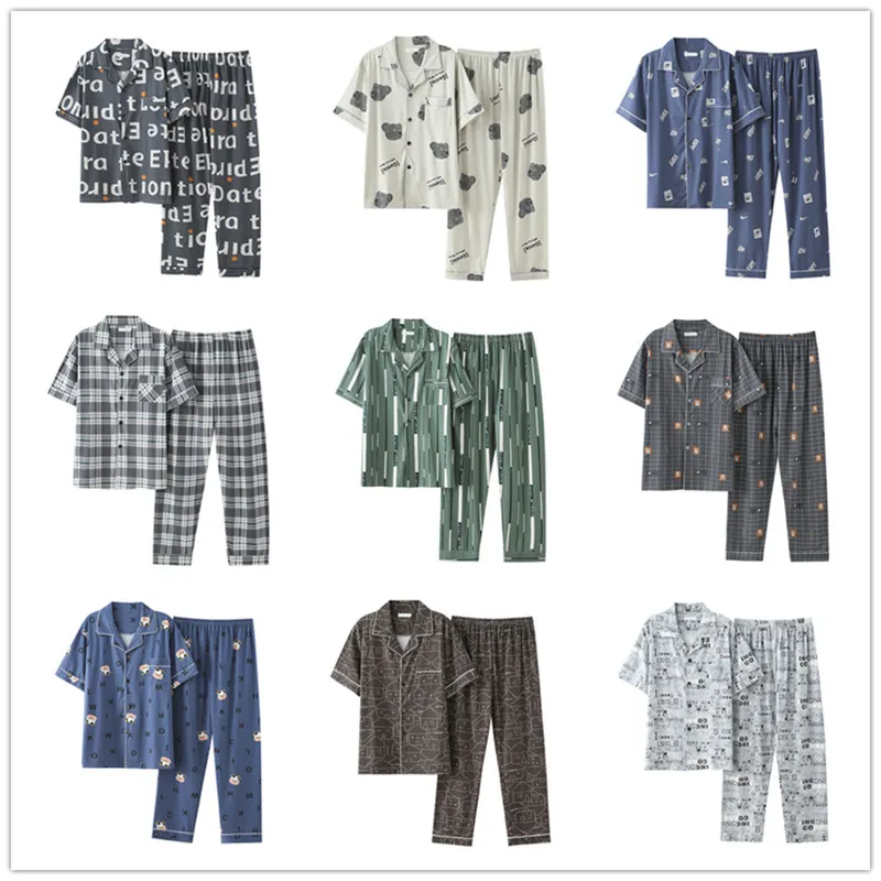Summer short sleeve cardigan Lapel pants casual cotton home men's pajamas