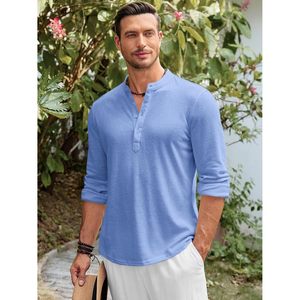 2025 <b>Men's</b> Casual Summer Beach Tops Long Sleeve <b>Henley</b> <b>Shirt</b> Roll up Cotton Hippie Design - Product Image 3