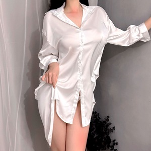 Camisón de satén blanco de manga larga para mujer, ropa de dormir sexy con botones frontales, vestido de descanso de talla grande, tela suave - Product Image 4