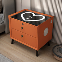 Table de Chevet Intelligente Moderne de Luxe en Bois avec Recharge Sans Fil LED, Meuble de Rangement Flottant en Cuir avec Tiroirs pour Chambre à Coucher