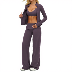 Completo Sportivo da Donna con Pantaloni a Zampa ad Asciugatura Rapida, Giacca a Maniche Lunghe per Attività all'Aperto, Set Yoga - Product Image 3