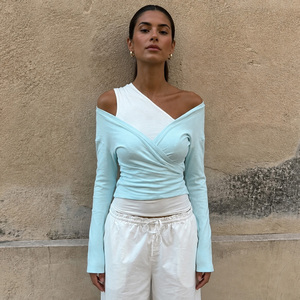 Fashion Contrast Real Two‑Piece Outfit Asymmetrical <b>Off</b> <b>Shoulder</b> Wrap Front <b>Long</b> <b>Sleeve</b> Fitted Cropped Ladies <b>Tops</b> - Product Image 3