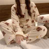 도매 산호 벨벳 여아 잠옷 여성용 겨울 두꺼운 보온 플러시 플란넬 가을 겨울 홈웨어 세트
