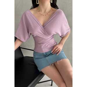 DEFILE Blouse côtelée à col en V et dos croisé pour femme, tricot extensible doux, tissu 95 % polyester 5 % lycra, blanc - Product Image 2