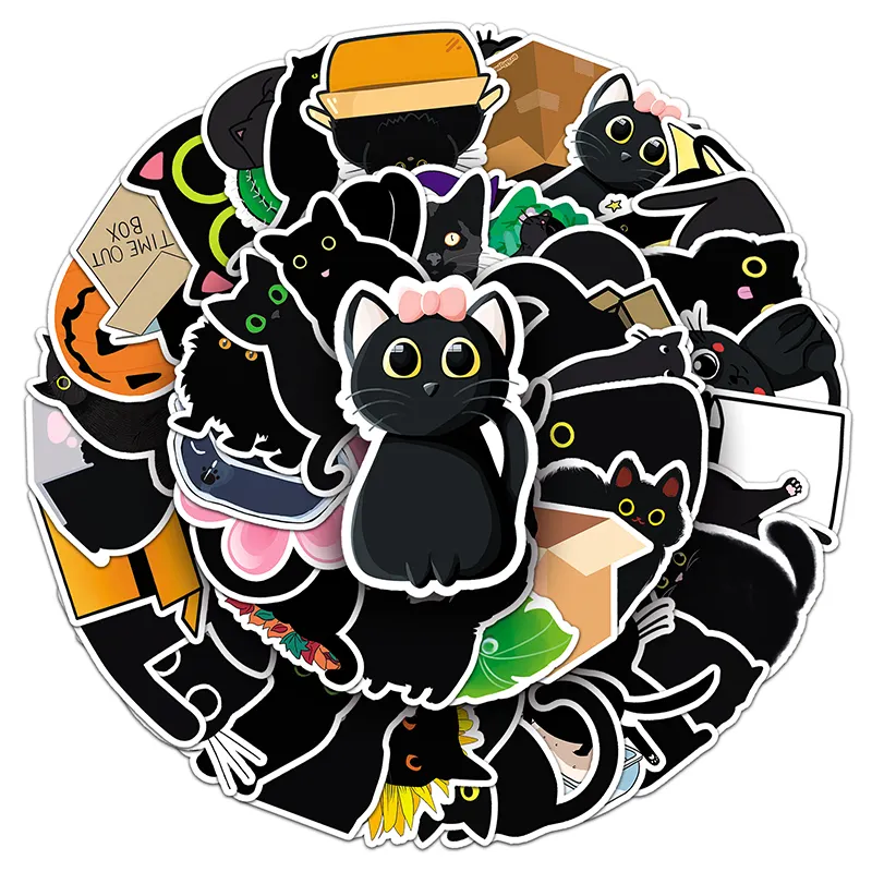 2023New 50Pcs Animal Black Cat Cute Anime Sticker Waterproof Printing Vinyl Cartoon Sticker