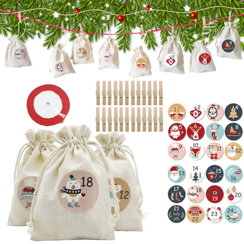 Christmas Gift Bag Bundle Pocket Calendar Countdown Christmas Hanging cotton bag Velvet Felt Cloth Candy bag Set