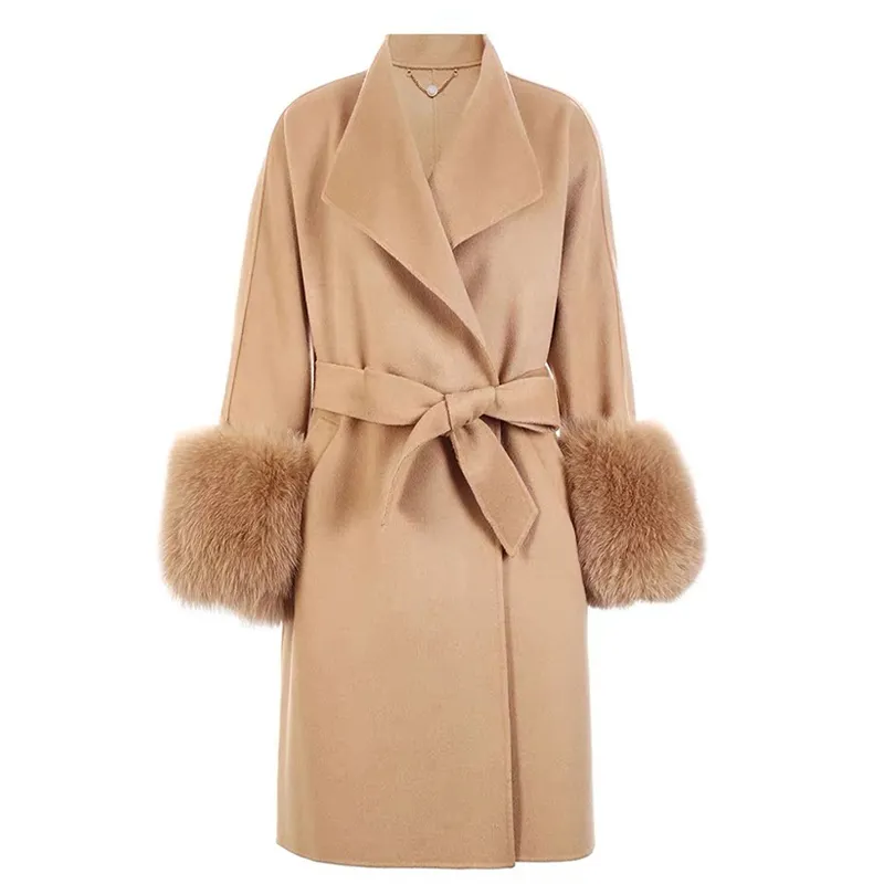 Delle donne Cappotto di Cachemire Cintura Lungo Cappotto con il Grande Pelliccia di Volpe Polsini Mano Wewn Double Face Lana Trench Cappotto di Lana Donna cammello