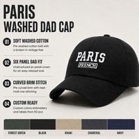 Casquette de baseball en coton lavé à 6 panneaux, style français PARIS, broderie personnalisée 3D, visière incurvée, vente en gros usine
