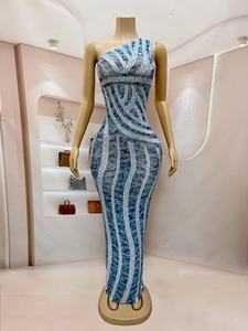 Gaun Seksi Berkilau Payet Satu Bahu Model Bodycon Ilusi Mesh Panjang Menyentuh Lantai Cepat Kering untuk Wanita, Gaun Malam <span class=keywords><strong>Prom</strong></span>, Acara Karpet Merah - Product Image 6