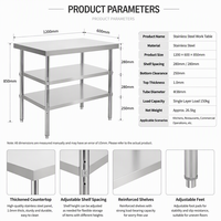 Table de préparation en acier inoxydable pour le nettoyage du poisson, plan de travail à 3 niveaux avec double étagère inférieure pour marché de fruits de mer