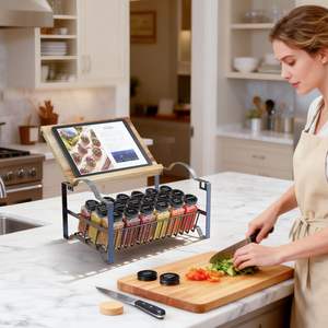 Organisateur d'épices à 3 niveaux avec plateau en bambou, <span class=keywords><strong>support</strong></span> pour <span class=keywords><strong>tablette</strong></span>, 18 bocaux à épices et ensemble d'entonnoirs pour <span class=keywords><strong>armoire</strong></span> de cuisine, comptoir - Product Image 2