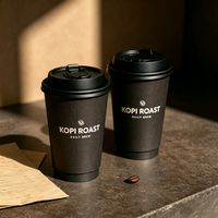 Vasos de Papel Desechables de Doble Pared para Café, Color Negro, con Estampado en Dorado y Plateado, Logotipo Personalizado, Vasos para Llevar con Tapa